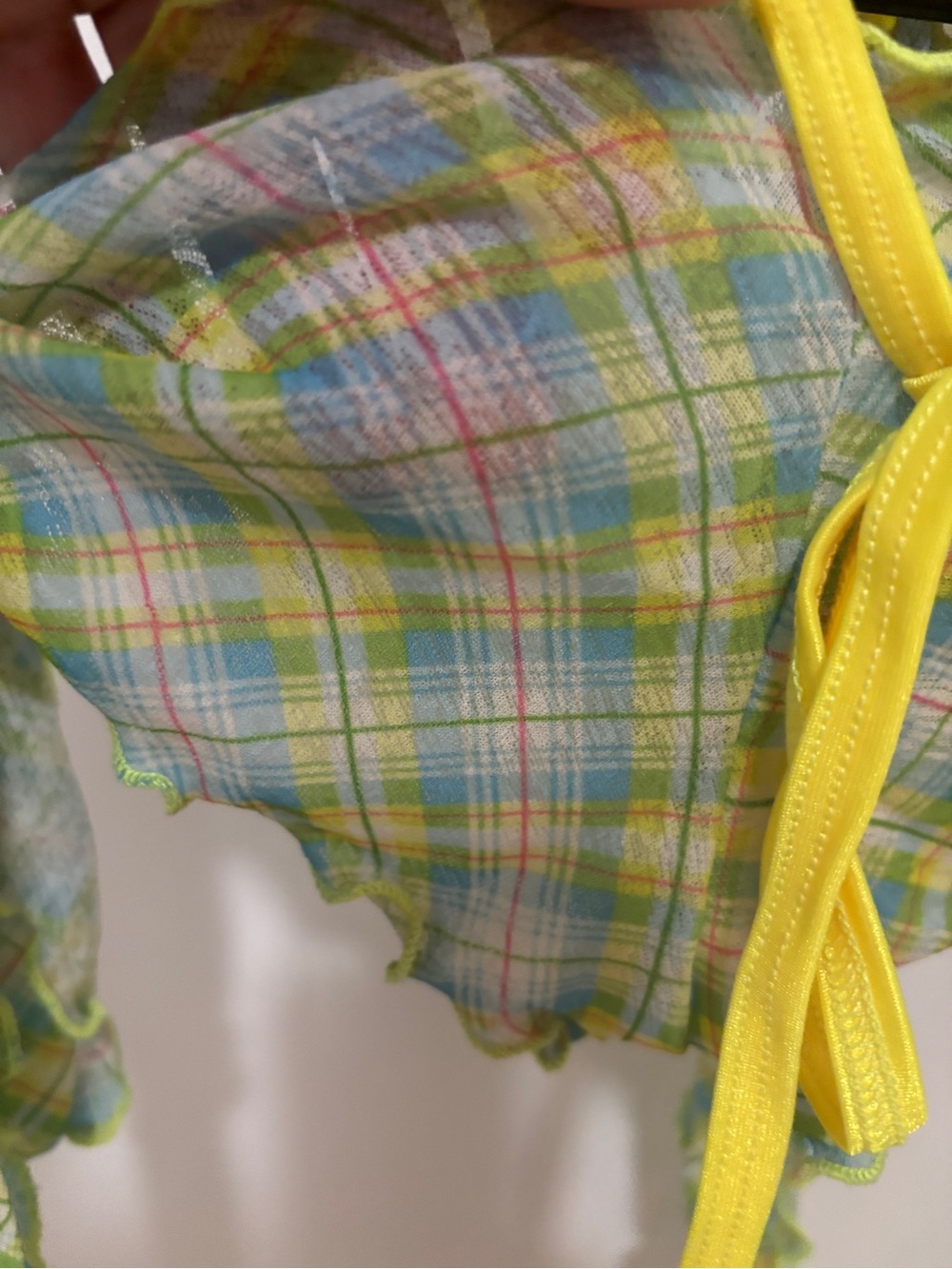 Y2K Plaid Mesh Festival Set Halter Top & bikini bottom yellow green small medium - Picture 3 of 3